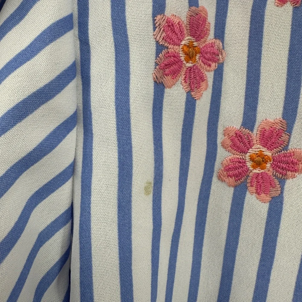 THML Blue & White Striped Embroidered Peasant Blouse with Pink Floral Accents